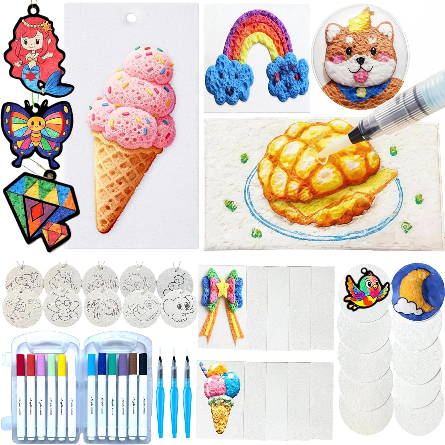 JJEAN-Aqua Puffs, Magic Foam Texture Painting Kit, Stocking Stuffers, Magic Puffy Paint, Including 30 Pcs Foam Texture Paper, 12 Colors Brush Tip Acrylic Paint Markers