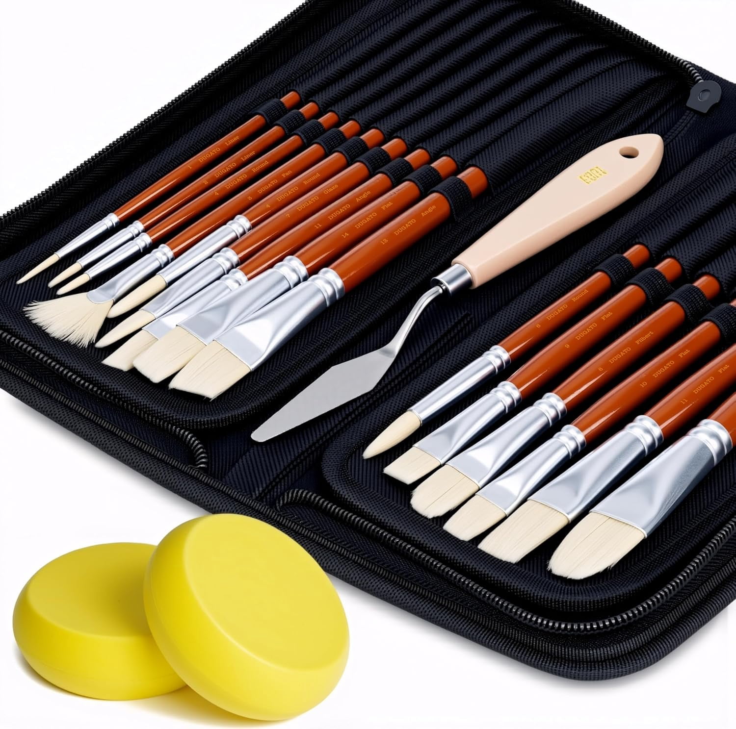 JJEAN-Artist Paint Brush Set (15pc) - Short Handle Hog Bristle Brushes for Oil, Acrylic, Gouache, Watercolor - Includes Pop-Up Case, Palette Knife & Sponges - Professional Art Supplies
