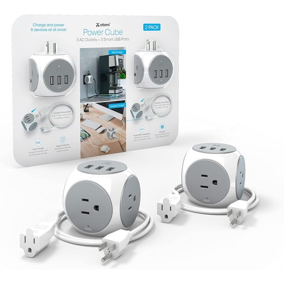 JJEAN-Atomi Power Cube 2-Pack 3AC Outlets + 3 Smart USB Ports + 5-ft. Cable
