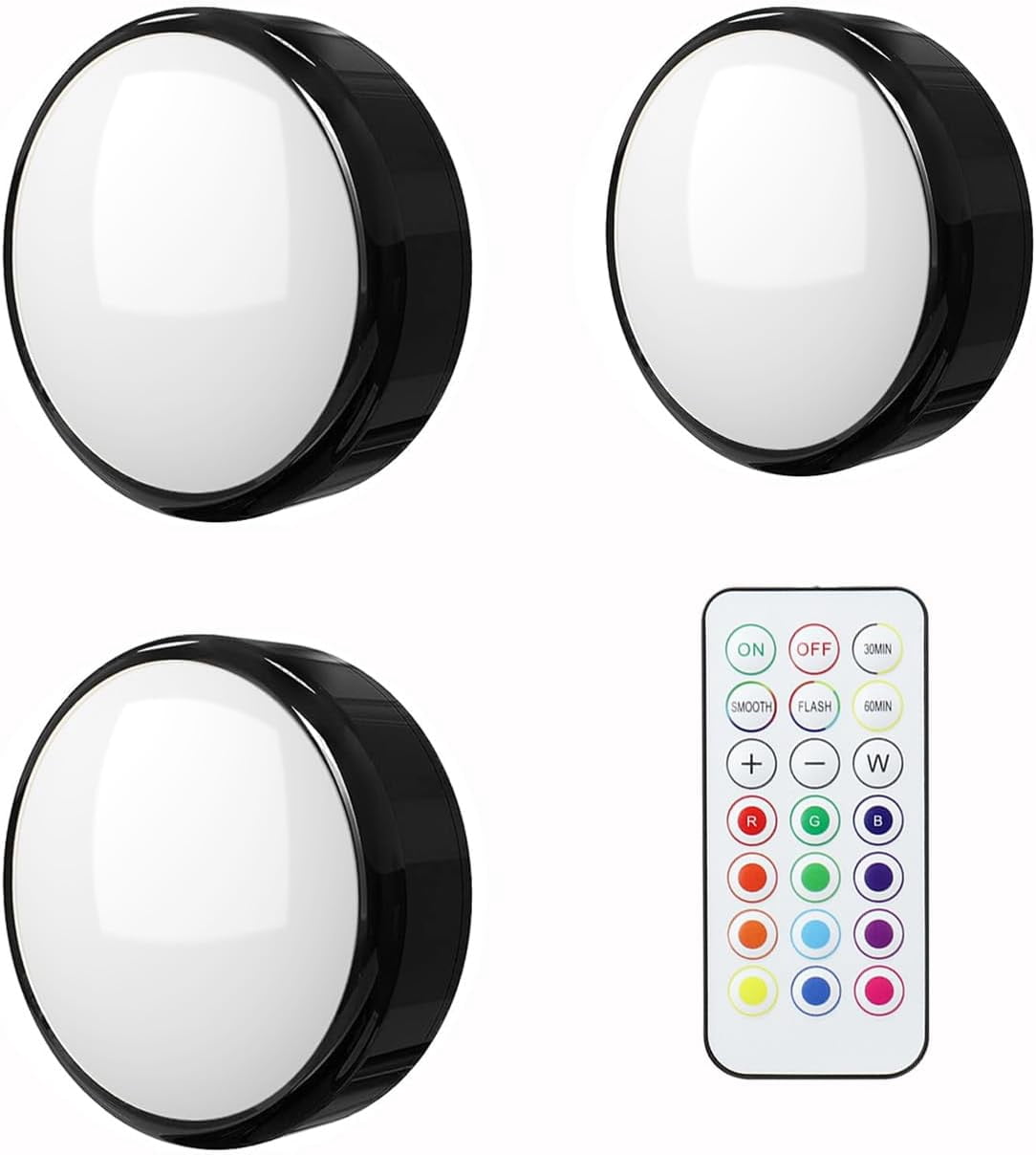 JJEAN-Battery Operated LED Puck Lights with Wireless Remote, 13 Color RGB - for Closet, Bedroom Wall, Under Cabinet, Battery Powered Push Lights. Convenient 3M Stick On (Black, 3pcs)