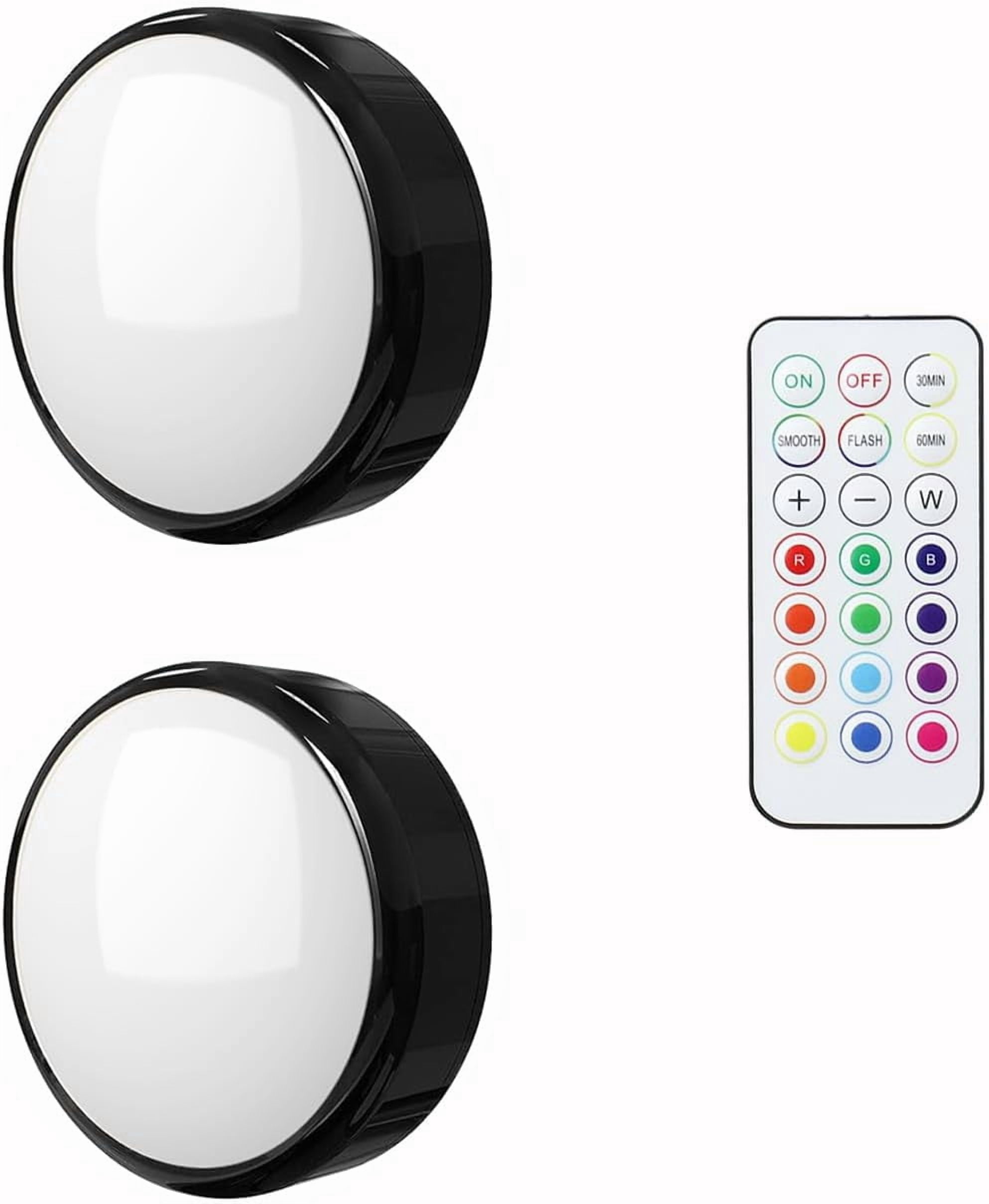 JJEAN-Battery Operated LED Push Lights with Wireless Remote, 13 Color RGB - for Closet, Bedroom Wall, Under Cabinet, Battery Powered Puck Lights. Convenient 3M Stick On(Black, 2-Packs)
