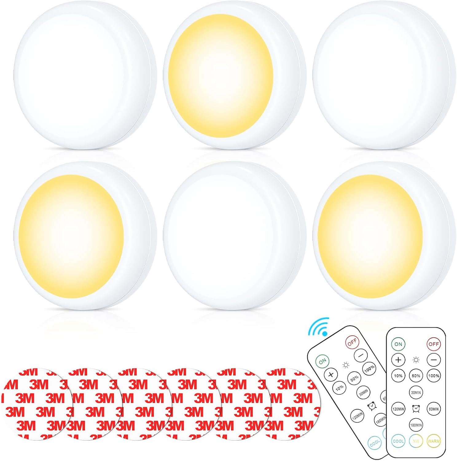 JJEAN-Battery Operated Puck Litghts with Remote Warm Natual Cool White Three Color Wireless Under Cabinet Lighting Push Lights Stick On Tap Lights with Dimmer & Timmer for Bedroom, Closet