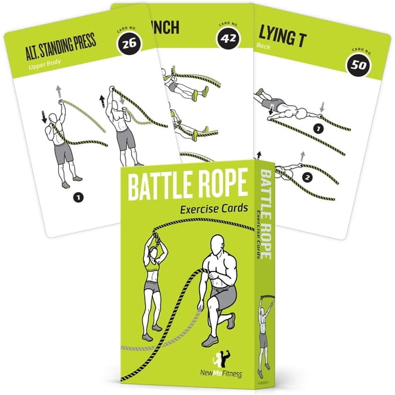 JJEAN-Battle Rope Exercise Cards for Home Workouts, Set of 62 - with Guided Strength Training Workout Cards Deck for Home or Gym, Illustrated Fitness Cards with 50 Exercises, Durable & Waterproof