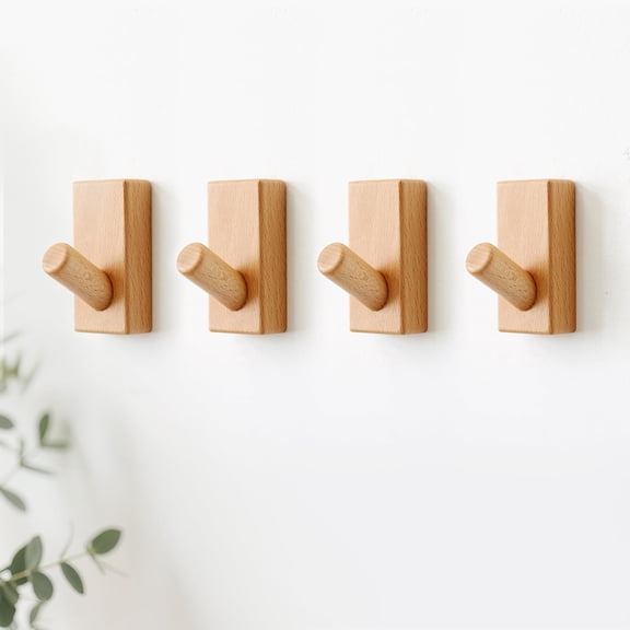 JJEAN-Beech Wood Coat Rack, 4 Pack Coat Hooks Mounted Rustic Wooden Wall Hooks Entryway Rack for Clothes Hats Towel Purse Robes, Bathroom Mudroom Bedroom