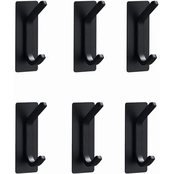 JJEAN-Black Command Hooks for Wall - 6 Pack Matte Black Curved Double Hooks, Multi-Use Hangers for Coats, Towels & Robes, No Damage Removable Organizers for Bathroom & Bedroom Doors