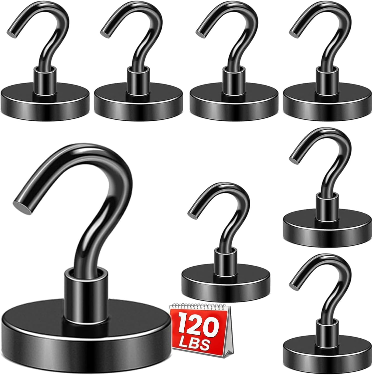 JJEAN-Black Magnetic Hooks, 120 LB Heavy Duty Strong Magnets with Hook, Rare Earth Neodymium Magnet for Cabins Cruise Ship Essentials 8 Packs