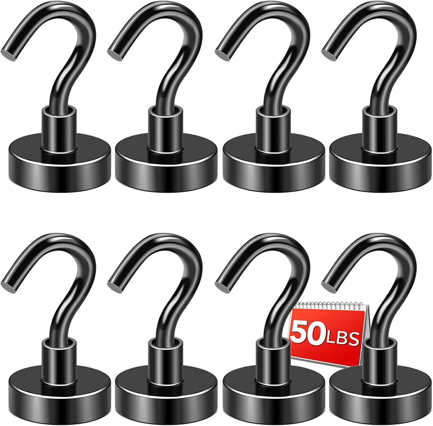 JJEAN-Black Magnetic Hooks, 50 LB Heavy Duty Strong Magnets with Hooks, Rare Earth Neodymium Magnetics Hooks for Cruise Cabins Cruise Ship Essentials 8 Packs