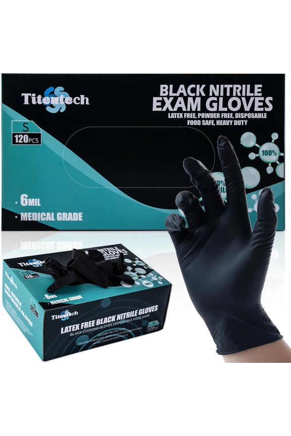 -Black Nitrile Exam Gloves 6 mil Nitrile Disposable Gloves Food Grade 120PCS,Medical,Heavy Duty,Powder Free