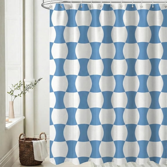 JJEAN-Blue Wave Checkered Shower Curtain, Vintage Boho Mid Century Modern Retro Aesthetic 70S Bathroom Decor Set Waterproof Polyester with Hooks 72x72 inches