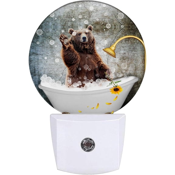 JJEAN-Brown Bear Bathing Night Light LED Lamp Round Plug into Wall Nightlight with Dusk to Dawn Sensor Home Hallway Stairway Kitchen Decor