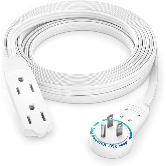 JJEAN-Cable 12 Ft 360 Rotating Flat Plug Extension Cord, 16/3 AWG Multi 3 Outlet 3-Prong Grounded Wire- White - UL Certified