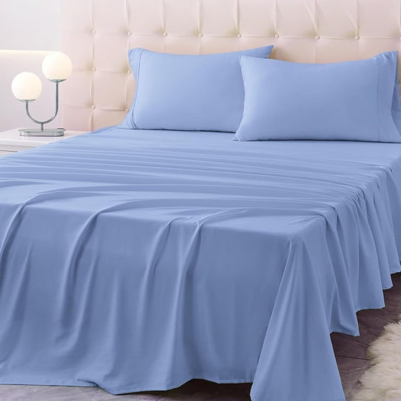 JJEAN-California King Size Bed Sheet Set - 4 Piece Soft Microfiber Sheets with Deep Pockets, Cooling Technology, and Wrinkle-Free Pillowcase. Hotel-Quality, Durable Bedding, Chambray Blue