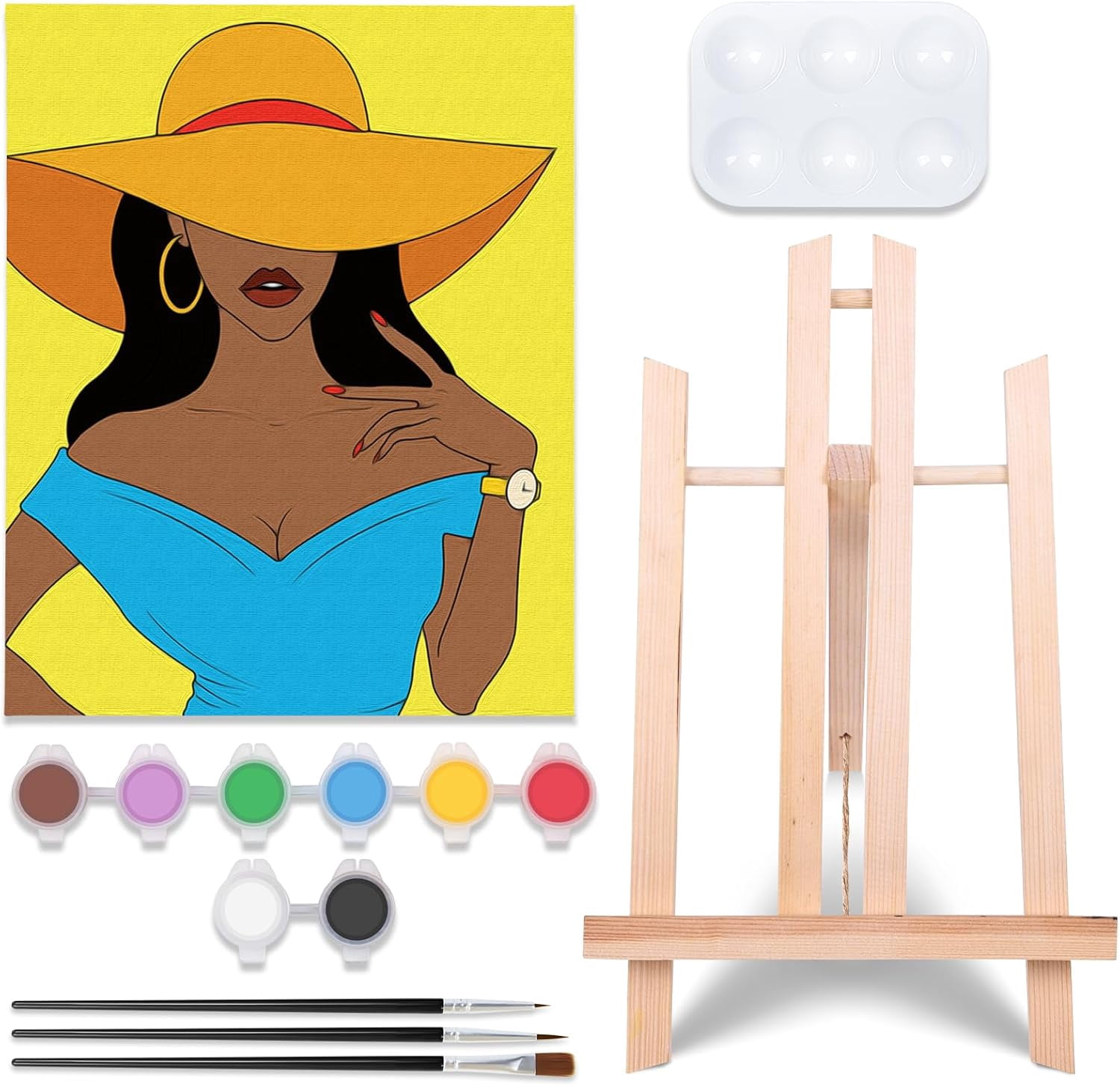 JJEAN-Canvas Painting Kit Pre Drawn Canvas for Adult Party Kits Paint and Sip Party Supplies 8x10 inch Afro Queen 1 Easel,8 Acrylic Colors,3 Brush,1 Pallet Girl Paint Art Set