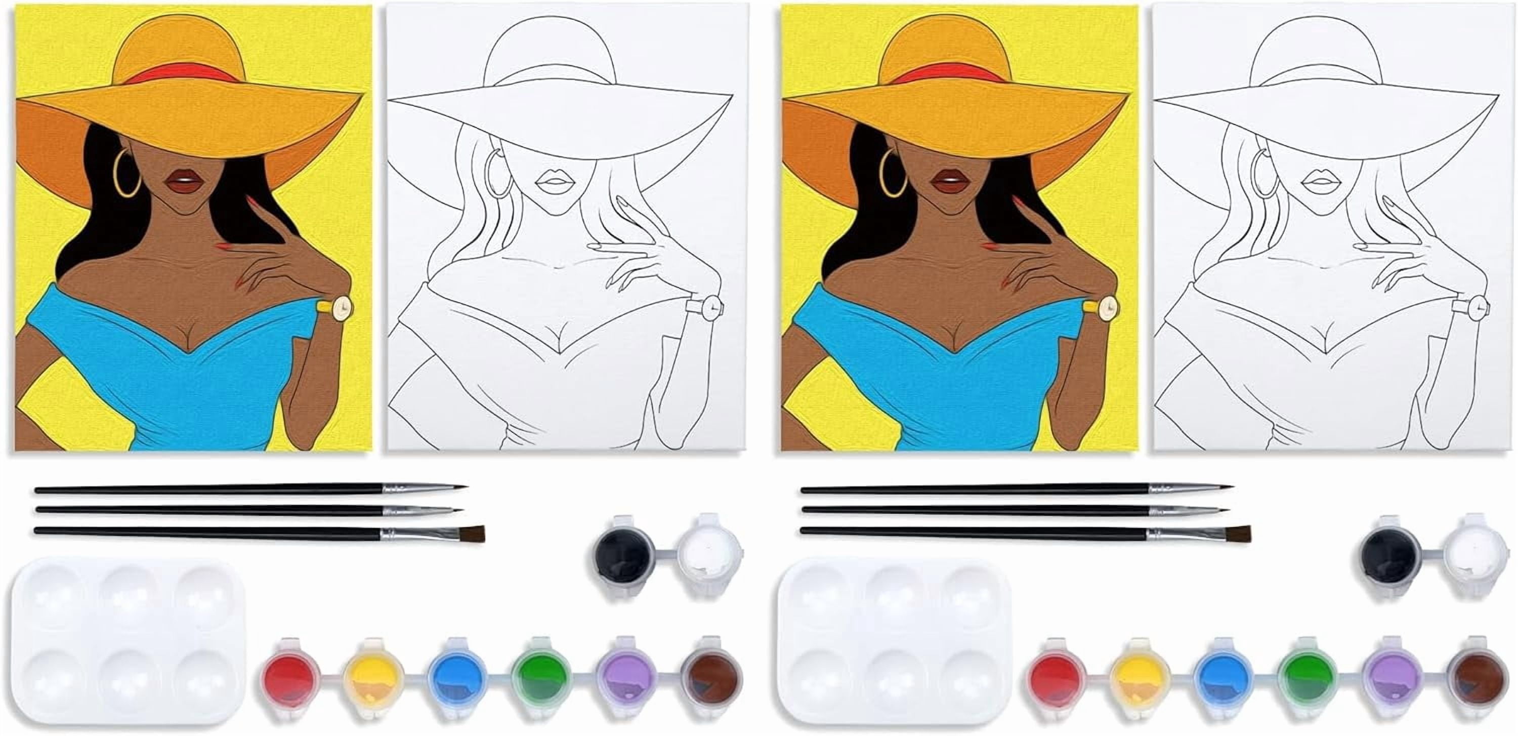 JJEAN-Canvas Painting Kit Pre Drawn Canvas for Adult Party Kits Paint and Sip Party Supplies 8x10 inch Afro Queen 8 Acrylic Colors,3 Brush,1 Pallet Girl Paint Art Set (Pack of 2)