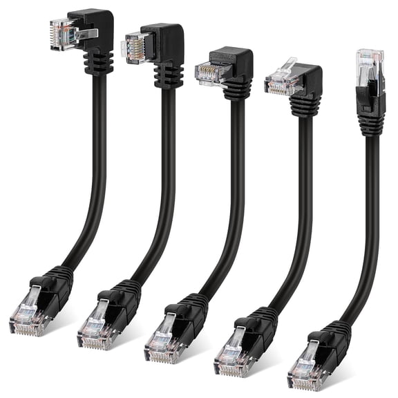 JJEAN-Cat 6 Ethernet Extension Cable 5Pack, Multiple Angle (UP/Down/Left/Right/Straight), Right Angle Cat6 RJ45 Male to Male Space saving Gigabit Network LAN Patch Cord,250MHz 1Gbps for PC, Router, X