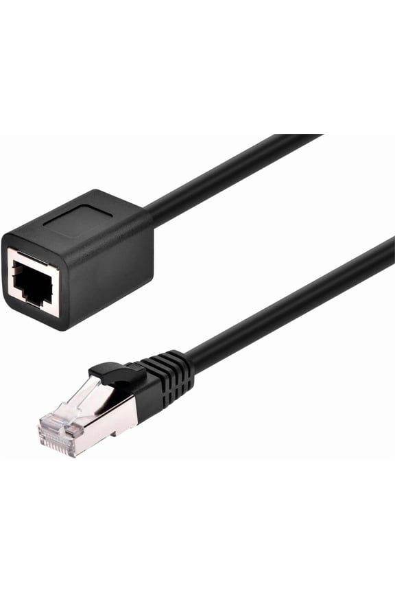 -Cat6A 1ft Black U/FTP Ethernet Extension Cable RJ45 Male to Female (with PCB Jack 3) 26AWG Standed Bare Copper CM PVC Jacket