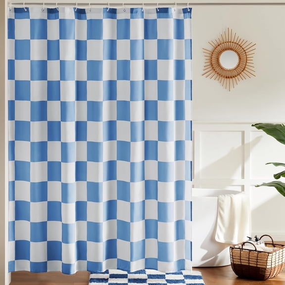 JJEAN-Checkered Shower Curtain, Blue Shower Curtains for Bathroom, Cute Retro Checkboard Shower Curtain Vintage Aesthetic, Washable Fabric Bath Curtain 72''x72''