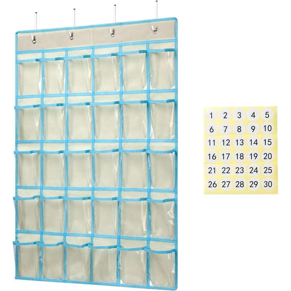 JJEAN-Classroom Pocket Charts for Cell Phone Calculator Holders, Pocket Organizer for Cell phone Jail with 30 Clear Pockets chart Size 33.5 x 24.5 Inch Classroom Pocket Storage (Beige-30pockets)