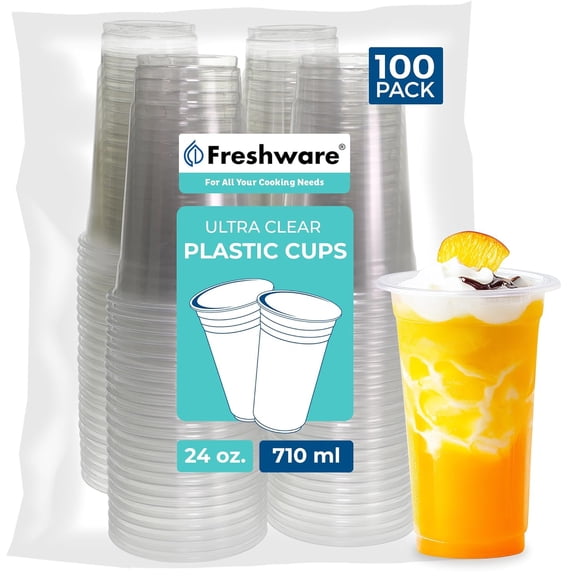 JJEAN-Clear Plastic Cups [100 Pack - 24 oz] Disposable Cups for Iced Coffee, Smoothie, Milkshake, Cold Drinks