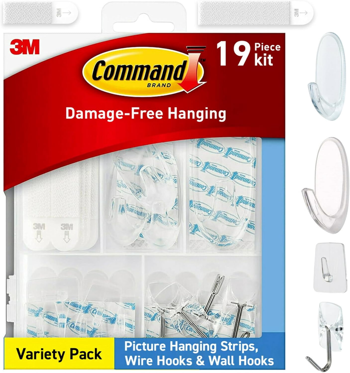 JJEAN-Clear Variety Pack, Including 8 Pairs of Picture Hangers, 4 Clear Wire Hooks and 11 Wall Hook for Hanging Home Decor, Damage-Free Hanging Up to 19 Items with Strips