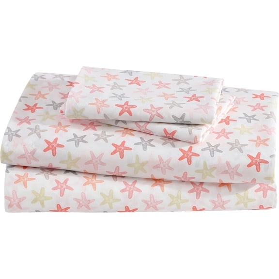 JJEAN-Coastal Print Microfiber Sheet Set, Soft, Comfy, 12" Deep Pockets, Full, Seastar-Coral
