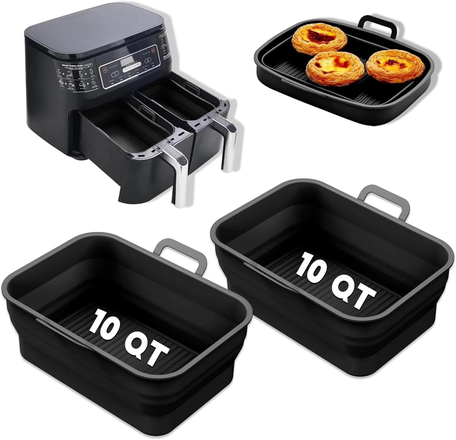 JJEAN-Collapsible 2-Pack Air Fryer Silicone Liners for 10QT NINJA Foodi Dual, Reusable Rectangular Silicone Basket Pot for Air Fryer Accessories (Black)