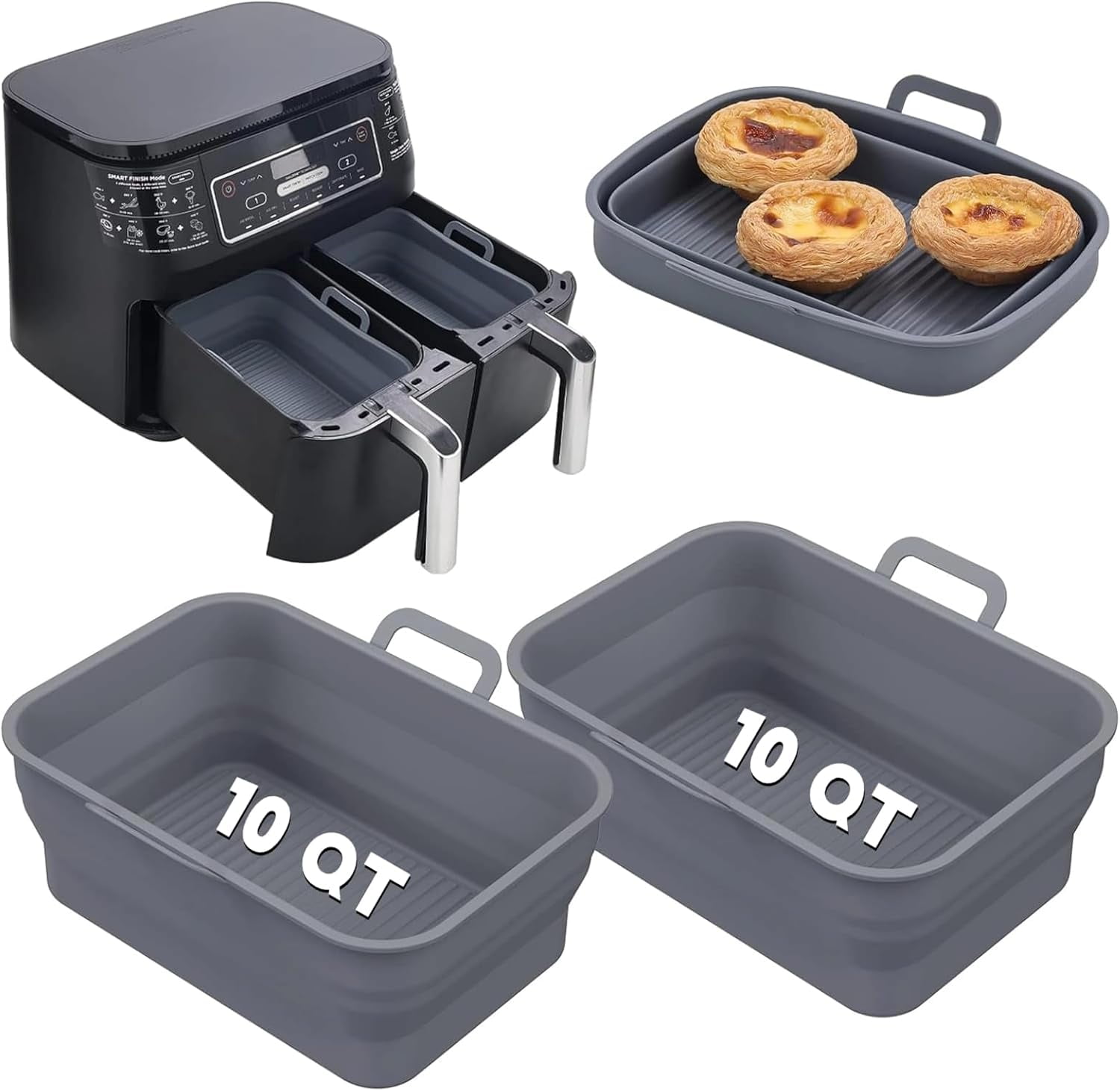 JJEAN-Collapsible 2-Pack Air Fryer Silicone Liners for 10QT NINJA Foodi Dual, Reusable Rectangular Silicone Basket Pot for Air Fryer Accessories (Gray)