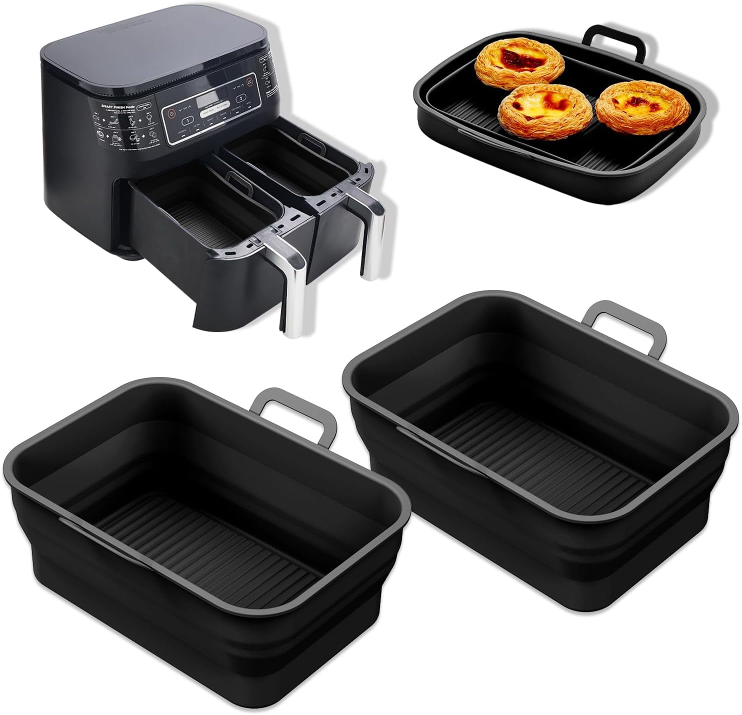 JJEAN-Collapsible 2-Pack Air Fryer Silicone Liners for 8QT & 10QT NINJA Foodi Dual, Reusable Rectangular Silicone Basket Pot for Air Fryer Accessories (Black)