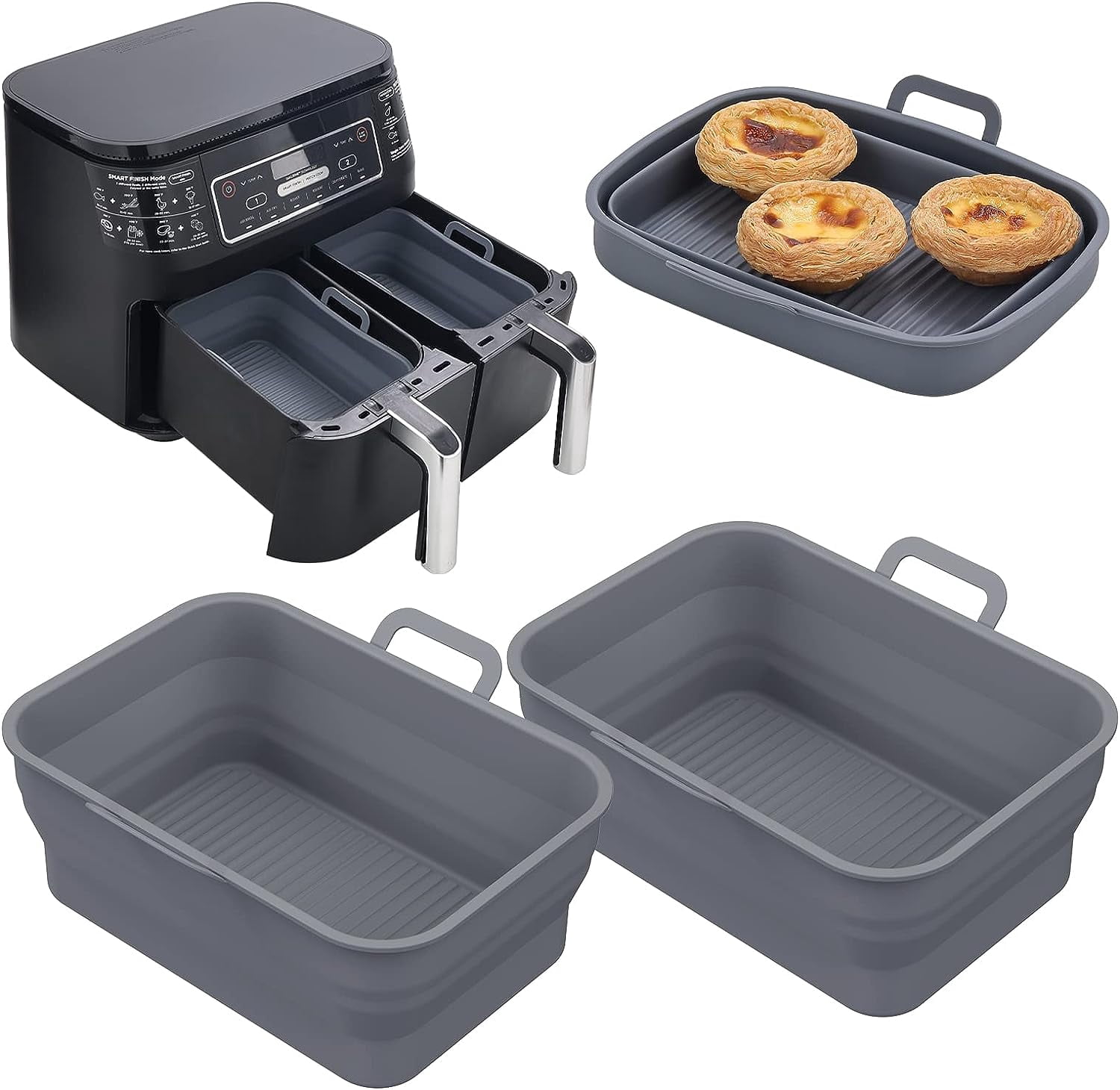 JJEAN-Collapsible 2-Pack Air Fryer Silicone Liners for 8QT & 10QT NINJA Foodi Dual, Reusable Rectangular Silicone Basket Pot for Air Fryer Accessories (Gray)
