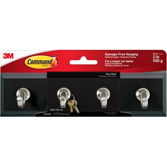 JJEAN-Command Key Rail, Holds up to 2 lb, 8-inch Rail with 4 Key Hooks and 6 Command Strips, Slate, Removable Key Hooks for Entryway or Hallway, Hang Keys, Hats, Dog Leashes, and Accessories