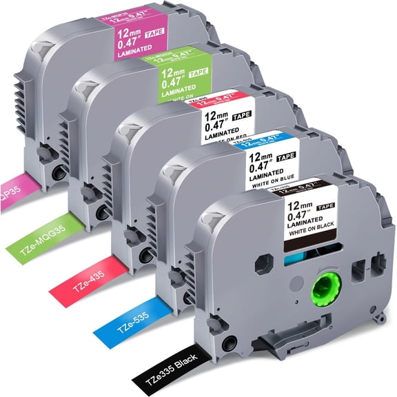 JJEAN-Compatible with Brother Label Tape TZe335 TZe435 TZe535 TZeMQG35 TZeMQP35 TZe TZ Tape, 12mm 0.47 Inch Laminated White on Color Compatible with Brother P Touch Label Maker PT-D210 H110
