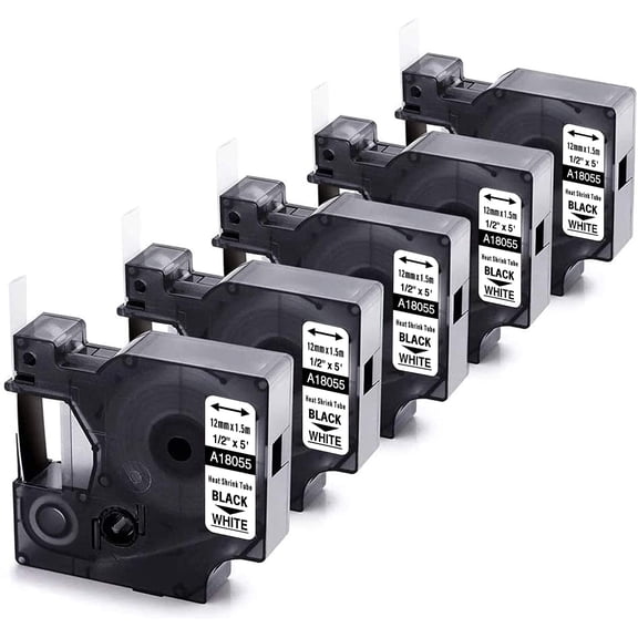 JJEAN-Compatible with Dymo Rhino Heat Shrink Tube Labels 18055 A18055 | 1/2" 12mm x 5.5m | Black on White | Compatible with DYMO Rhino 4200 5200 6000 Industrial Label Makers | 5-Pack