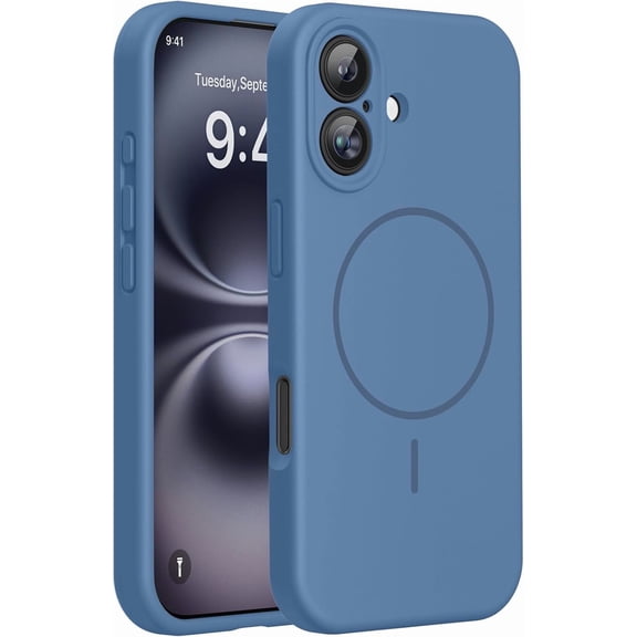 JJEAN-Compatible with iPhone 16 Case, [Soft Anti-Scratch Microfiber Lining], Compatible with MagSafe, Liquid Silicone Case Shockproof Drop Protection Phone Case for 16,Glass Blue