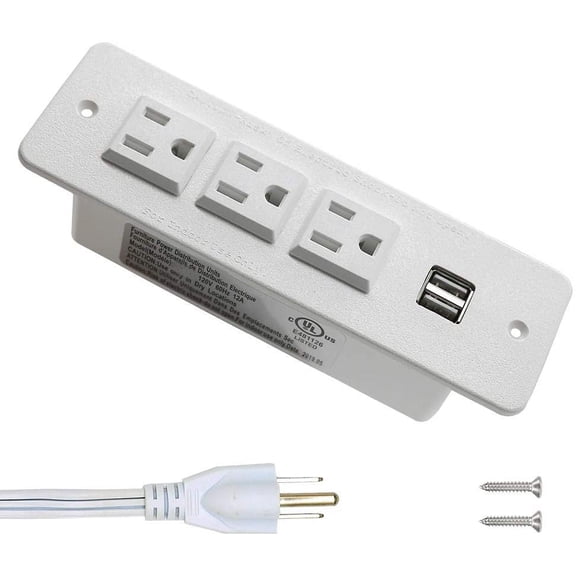 JJEAN-Conference Recessed Power Strip with USB Mountable Power Outlet Built in Desktop Workbench Drawer Cabinet 10'ft Heavy Duty Power Cord White