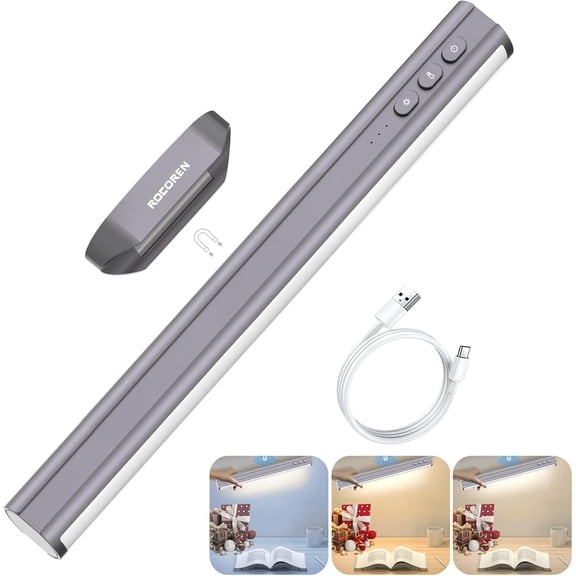 JJEAN-Cordless Under Cabinet Lighting, Magnetic Closet Light, 5W Desk Lamp, Dimmable, Button Control, Adjustable Color Temperature/Brightness, Rechargeable USB-C Powered Cabinet Lights (Gray)