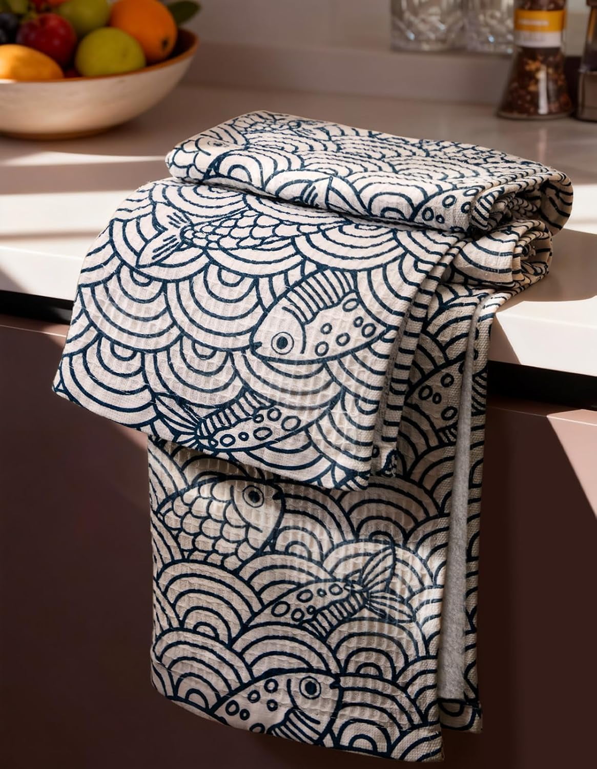 JJEAN-Cotton Waffle Kitchen Towels \u2013 Cute 370 GSM 16x25 Inch Terry Cloth Waffle Decorative Dishcloth for Kitchen Set of 2 with Hanging Loops Absorbent Hand Tea Towel for Home Design, Fish