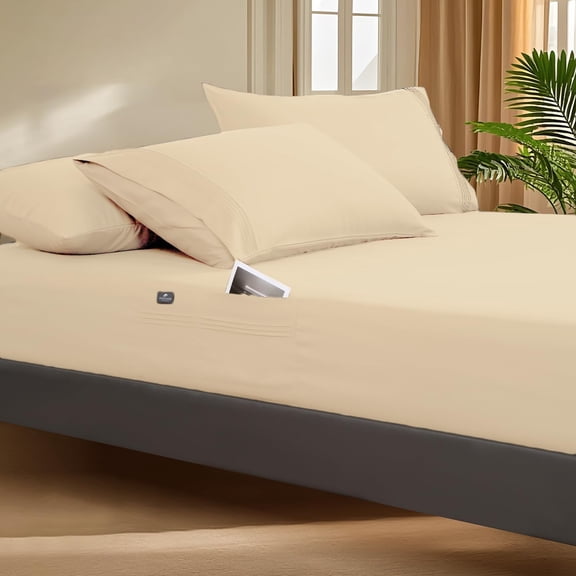 JJEAN-Deep Pocket Queen Fitted Sheet with Straps - Fits Mattresses Up to 21" Thick - 3 Piece Bed Sheets - Moisture Wicking, Cooling & Soft Fitted Sheet & Pillow Cases (Beige)