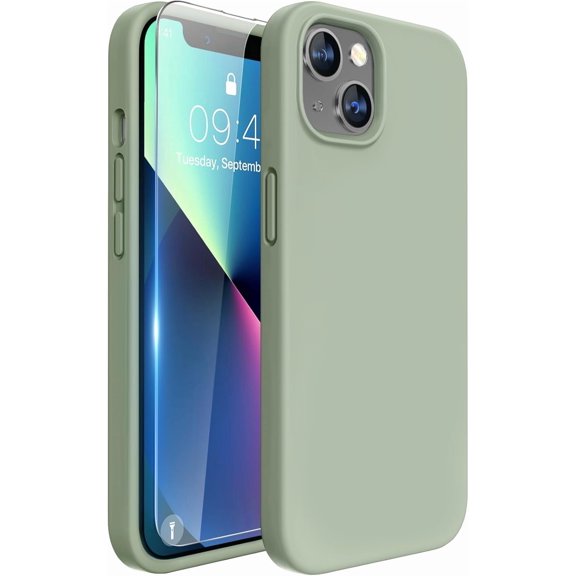 JJEAN-Designed for iPhone 13 Case, with Tempered Glass Screen Protector, [Soft Anti-Scratch Microfiber Lining], Shockproof Liquid Silicone Rubber Phone Case Cover for 13 6.1 inch, Patina Green