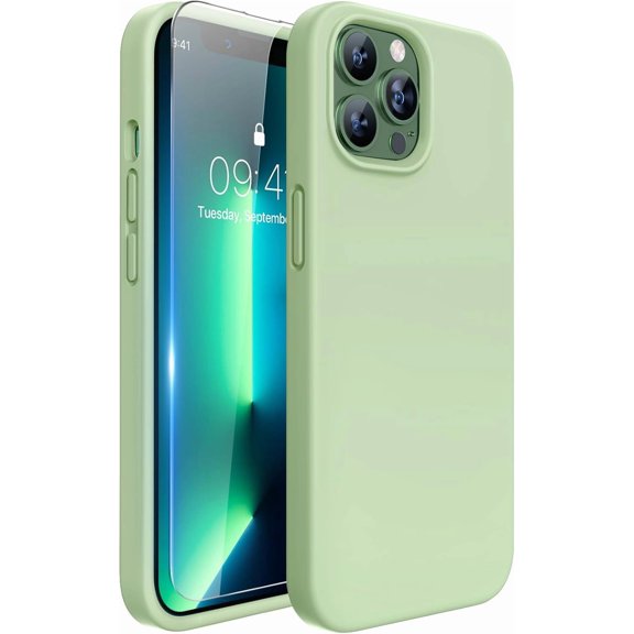 JJEAN-Designed for iPhone 13 Pro Max Case with Screen Protector,[Soft Anti-Scratch Microfiber Lining],Shockproof Liquid Silicone Rubber Phone Case Cover 6.7 inch, Matcha Green
