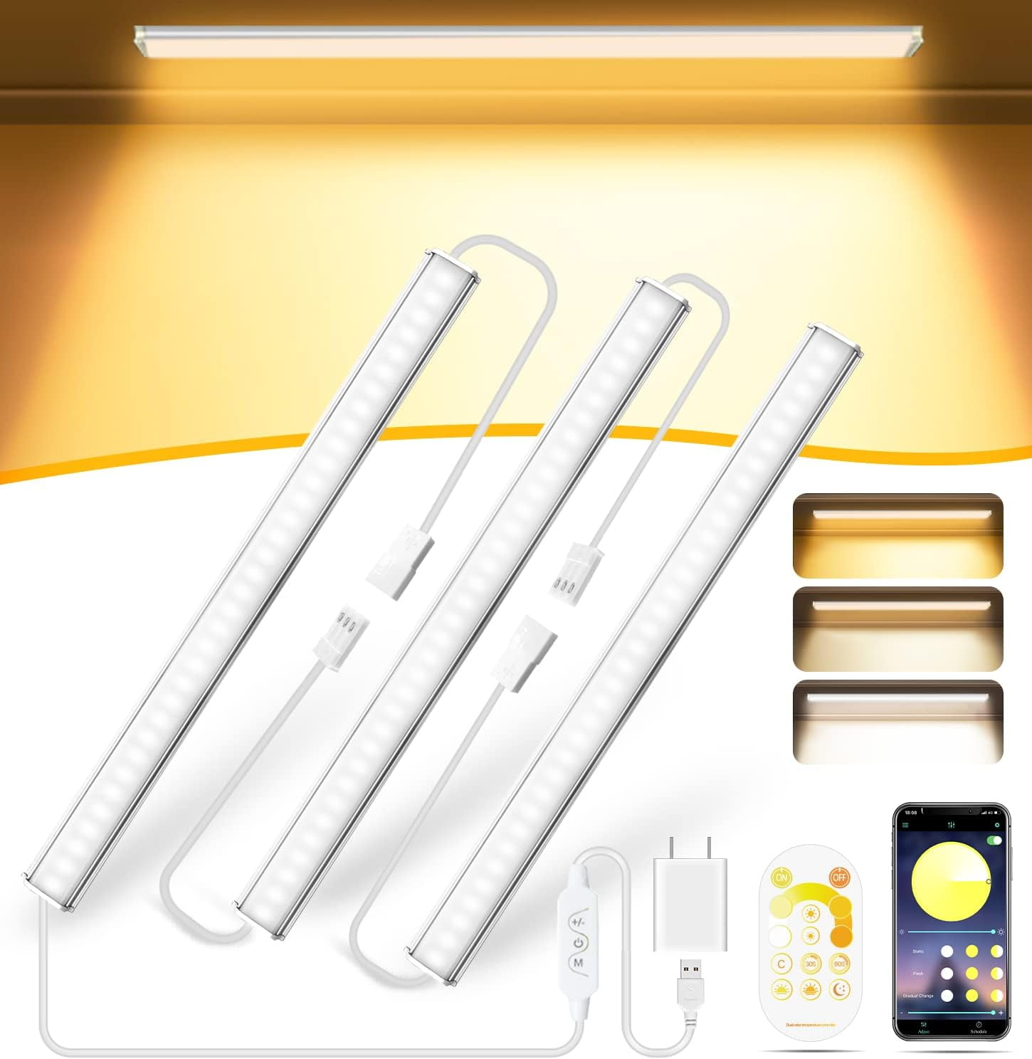 JJEAN-Dimmable 12 Inch Ultra Thin Under Cabinet Lighting, Under Cabinet Lights Plug in, Multi-Color Super Bright LED Lights Bar Under Counter Lights Indoor for Kitchen, Shelf, Closet, Desk (3 Pack)