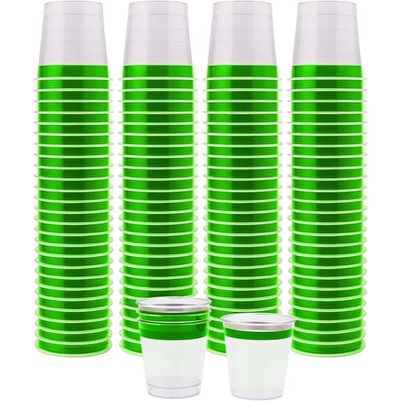 JJEAN-Disposable 1oz Plastic Mini Shot Glasses - Bulk 120 Clear Green Rim Hard Plastic Shots Cups for Party Sample Cups Tasting Whiskey