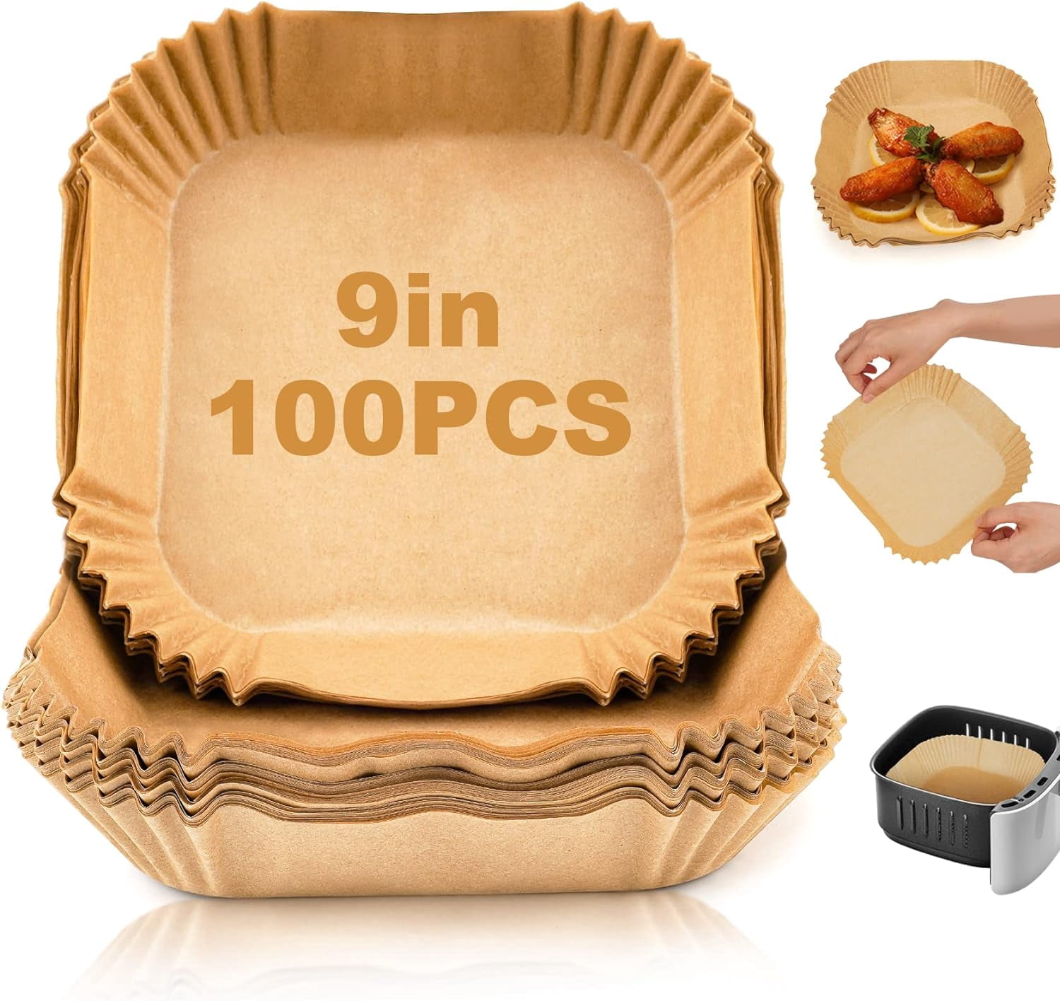 JJEAN-Disposable Air Fryer Paper Liners: 100Pcs 9 In Large Square Non Stick Parchment, Air Fryer Basket Liner for 8Qt - 12Qt Airfryer