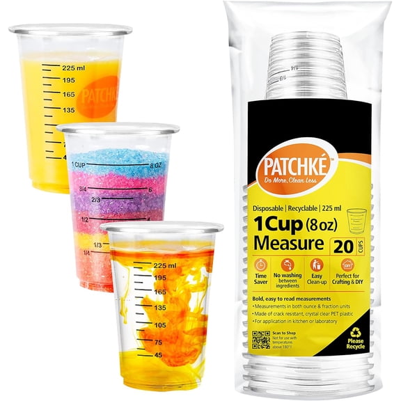 JJEAN-Disposable Measuring Cups For Resin 8 Oz - Clear Plastic Graduated Cup for Epoxy Resin Stain Mixing, Chemical and Cooking & Baking safe, Clear and Transparent (20-1 Cup Measures)