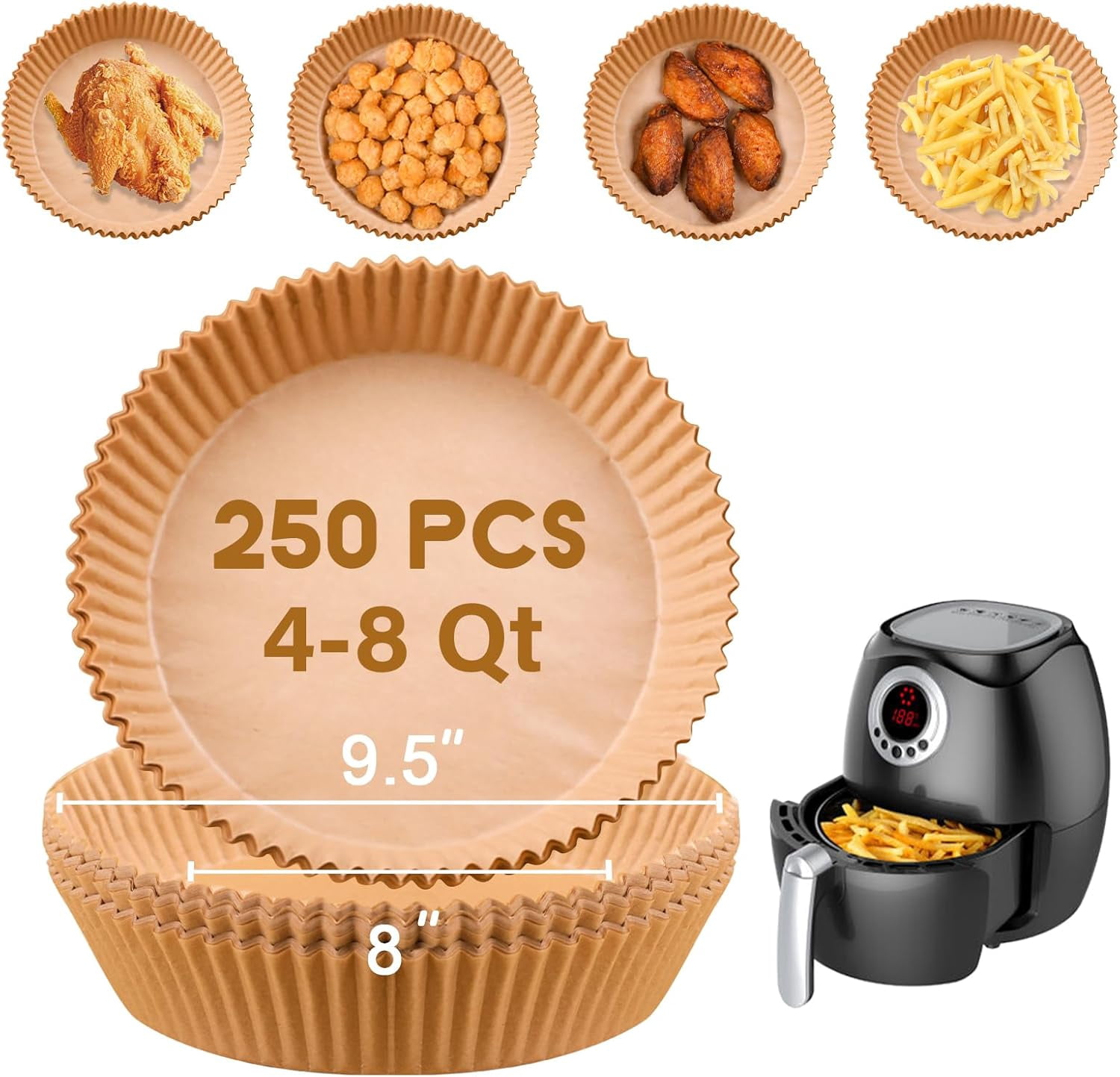 JJEAN-Disposable Paper Liner Round 250 Pcs for 4 to 8 Qt Air Fryer Baskets, Non-stick Oil-proof Parchment Liner Cooking Paper