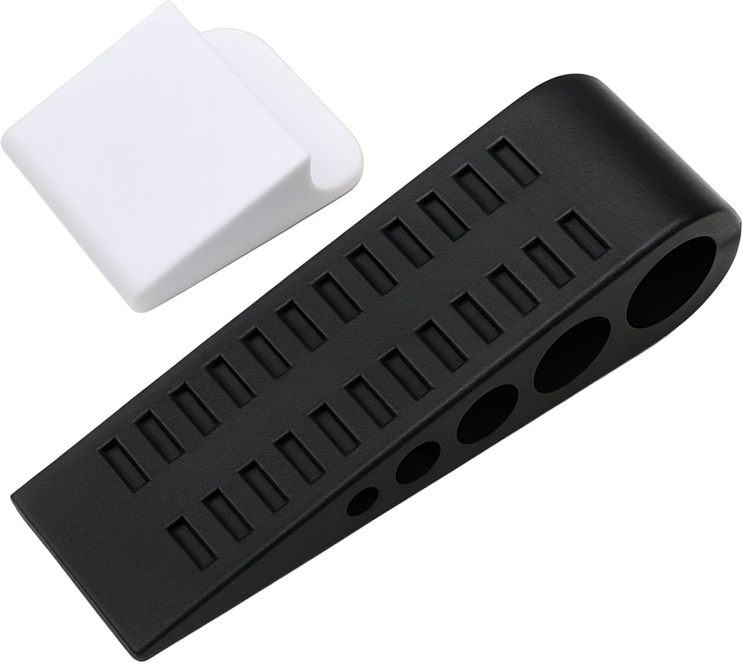 JJEAN-Door Stoppers (3 Pack), Heavy Duty Rubber Door Stopper Wedge for Bottom of Door on Floor, Non-Slip Stackable Door Stops for Carpet & Hard Floors, Includes Storage Holder/Bracket - Black - 3-Pac