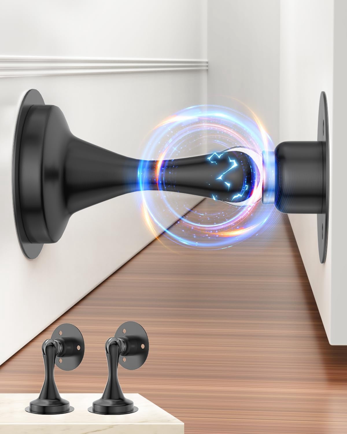 JJEAN-Door Stoppers for Bottom of Door Catch, Door Stop Magnetic Door Stopper for Wall Floor Mount Heavy Huty Magnet Holder Security, No Drill Strong Adhesive & Screws Keep Doors Open Accessories 2 P