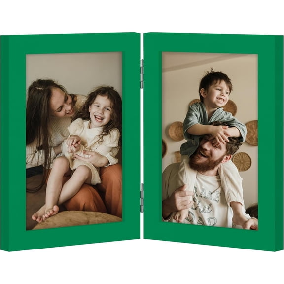 JJEAN-Double 4x6 Picture Frame Vertical, Engineered Wood Bifold Photo Frame with Plexiglass for Tabletop Display, 4x6, Green