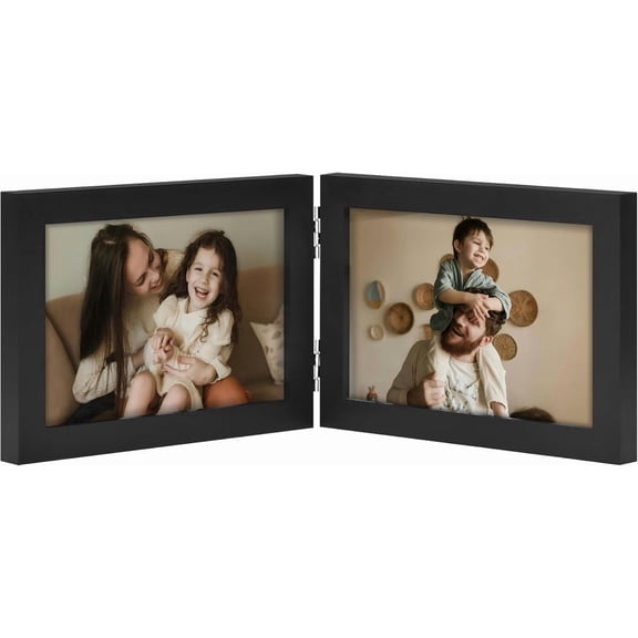 JJEAN-Double 6x4 Picture Frame Horizontal, Engineered Wood Bifold Photo Frame with Plexiglass for Tabletop Display, 6x4, Black
