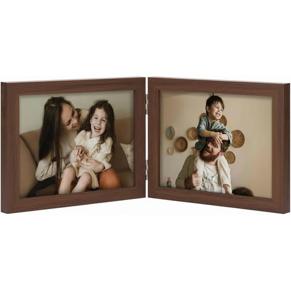 JJEAN-Double 7x5 Picture Frame Horizontal, Engineered Wood Bifold Photo Frame with Plexiglass for Tabletop Display, 7x5, Brown