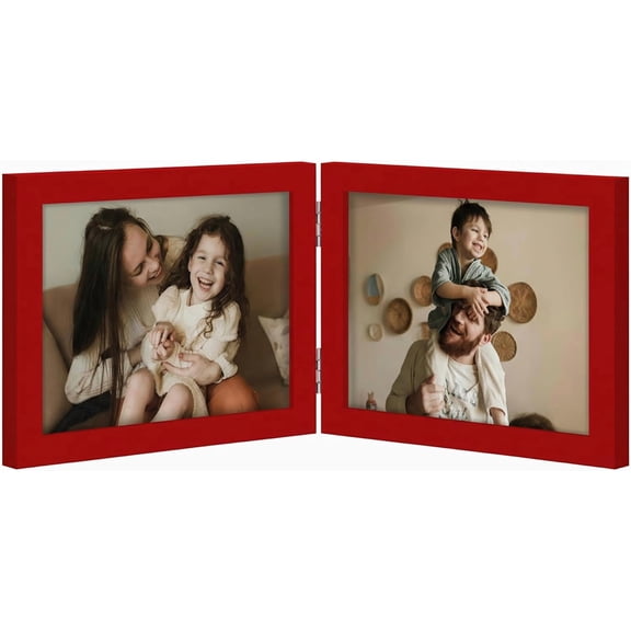 JJEAN-Double 7x5 Picture Frame Horizontal, Engineered Wood Bifold Photo Frame with Plexiglass for Tabletop Display, 7x5, Red